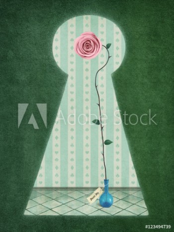 Picture of Background for postcards and illustrations with keyhole and rose in blue bottle